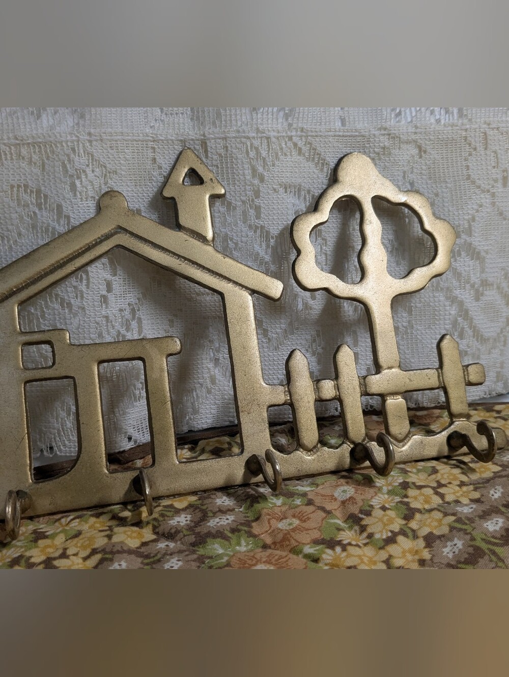 Vintage Brass Wall Key Holder House & Yard 5 Hooks MCM